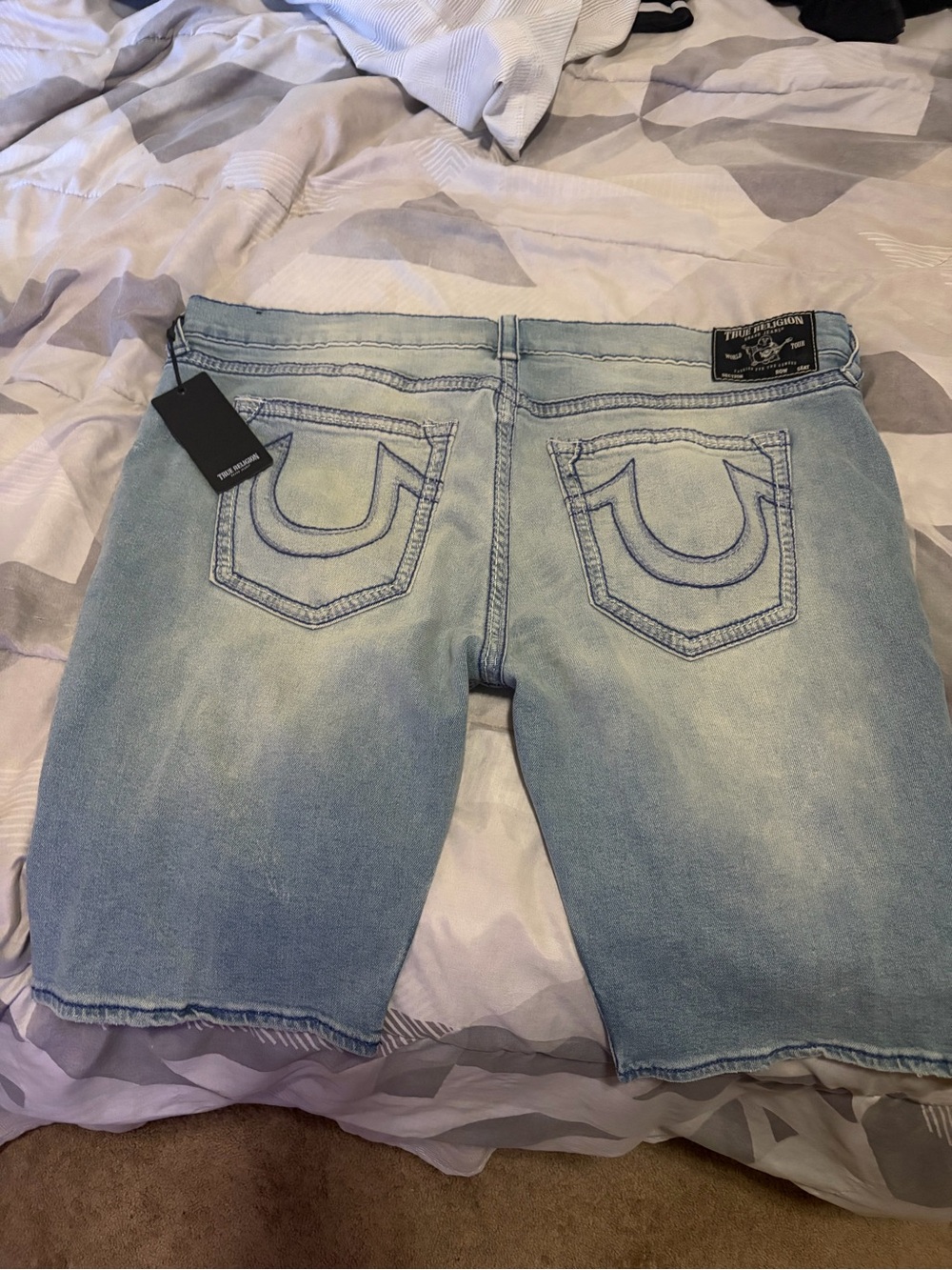 Brand New True Religion F Blue Denim Shorts with Contrast Stitching